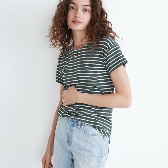 Madewell Whisper Cotton Rib Crewneck Ringer Tee Size Medium Torson Stripe Green - Picture 1 of 14